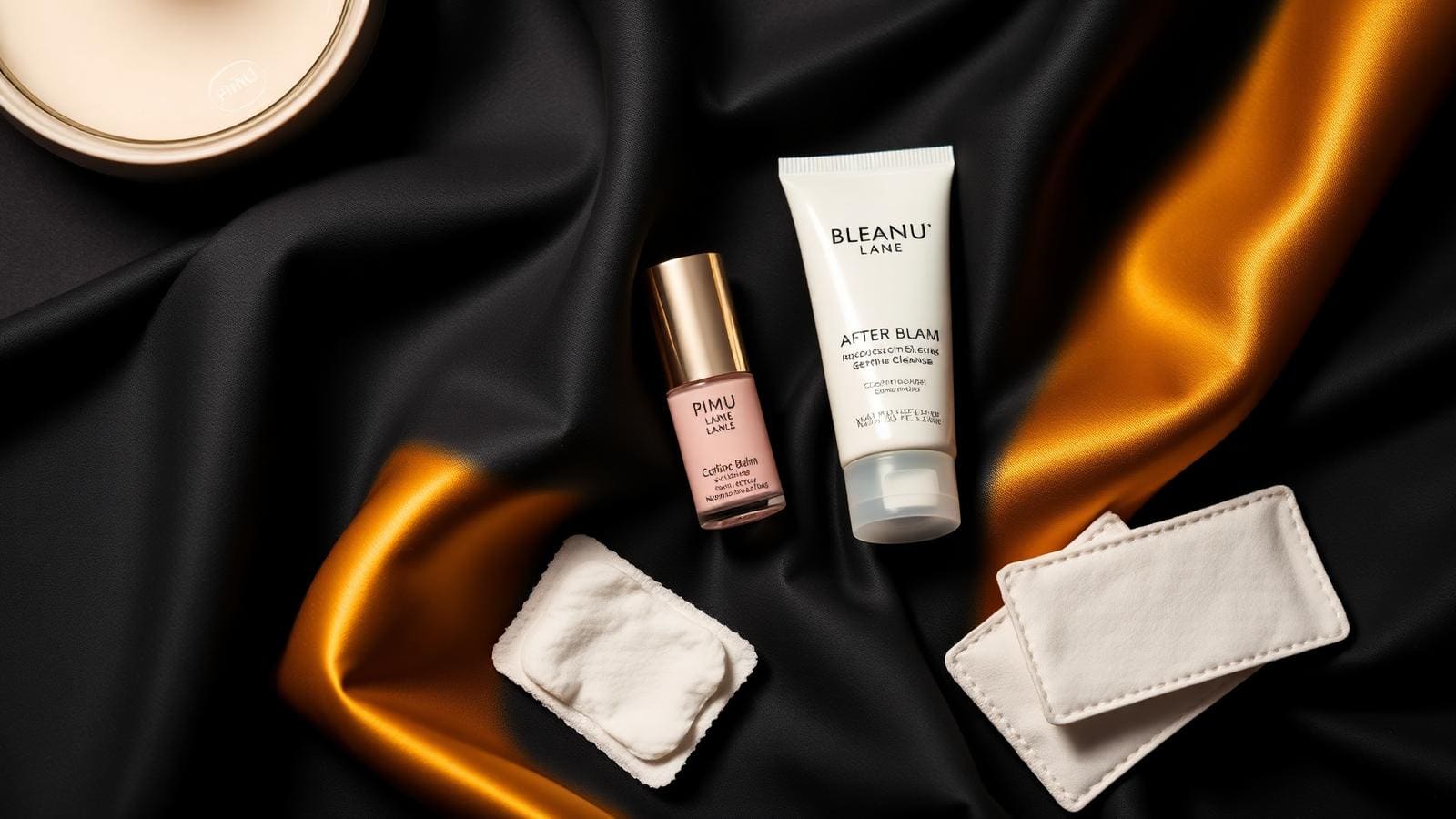 Flat lay of aftercare balm, cotton pads, and cleanser