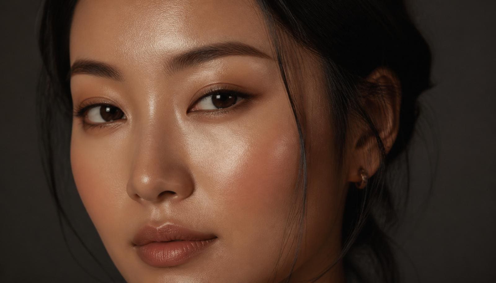 Beautiful Asian woman with perfect healed ombre brows on oily skin