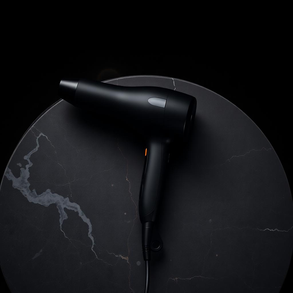 Editorial dark still life of a professional rotary PMU machine on a charcoal marble slab