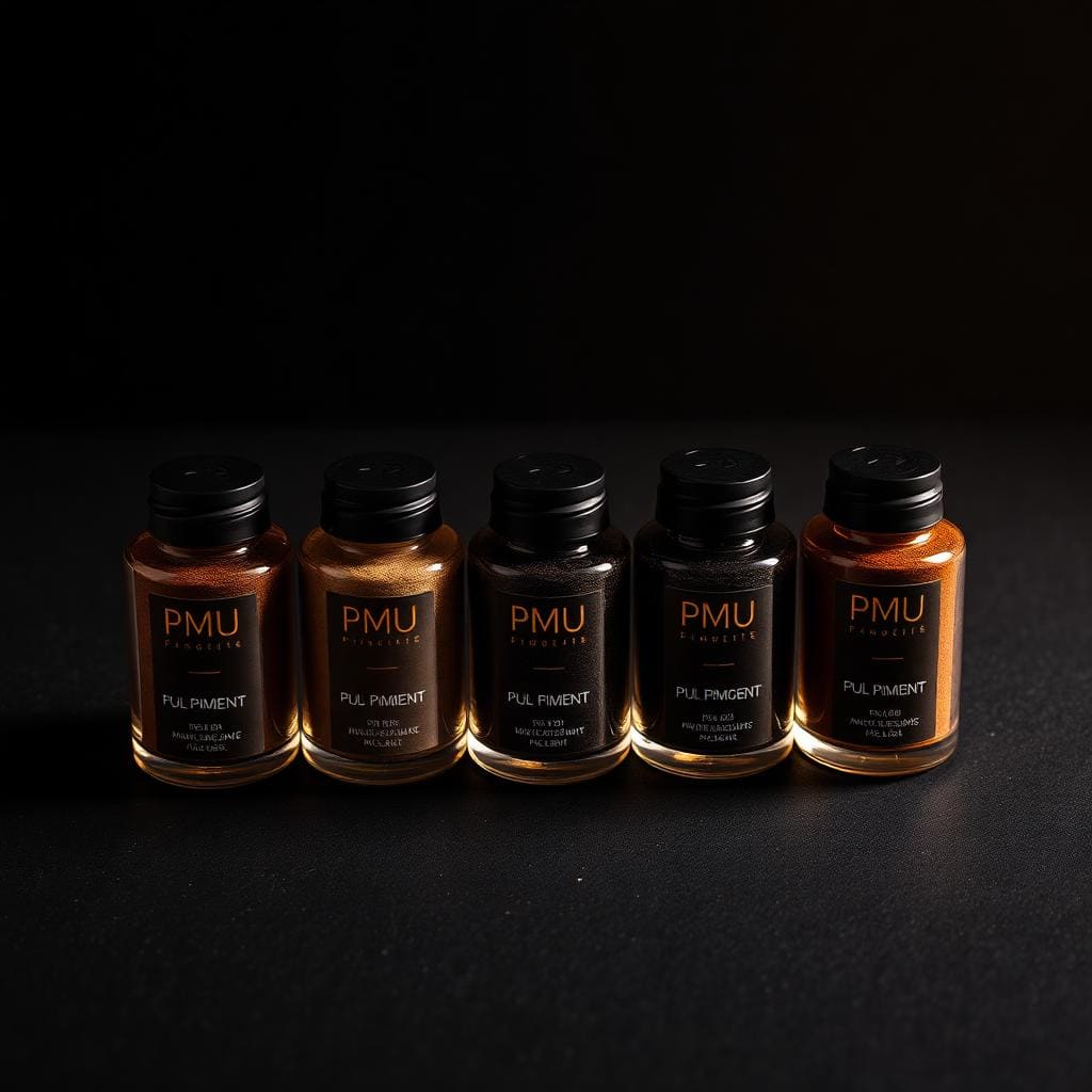 Row of professional PMU pigment bottles in warm and neutral tones on a dark editorial surface