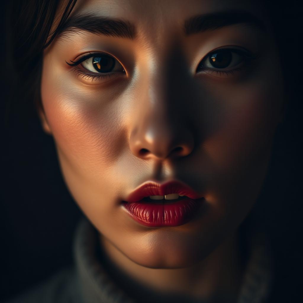 Close-up editorial portrait of an East Asian woman with healed lip blush and soft brow tattoo