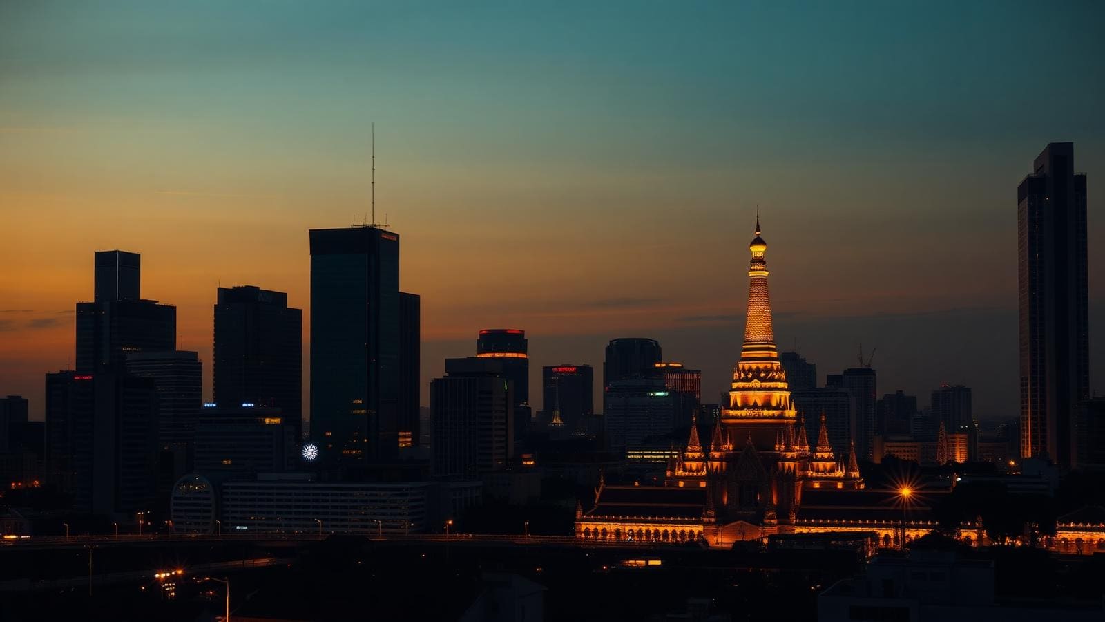 Bangkok skyline at dusk with modern skyscrapers and Thai temple