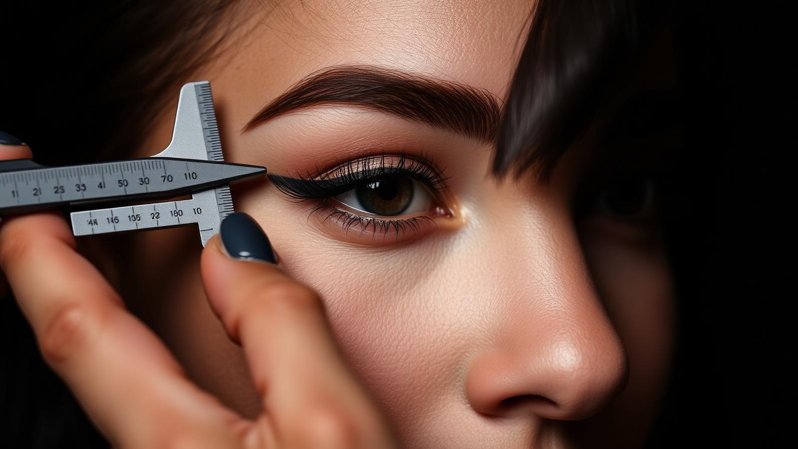 PMU artist measuring eyebrow proportions with a fine caliper on a client