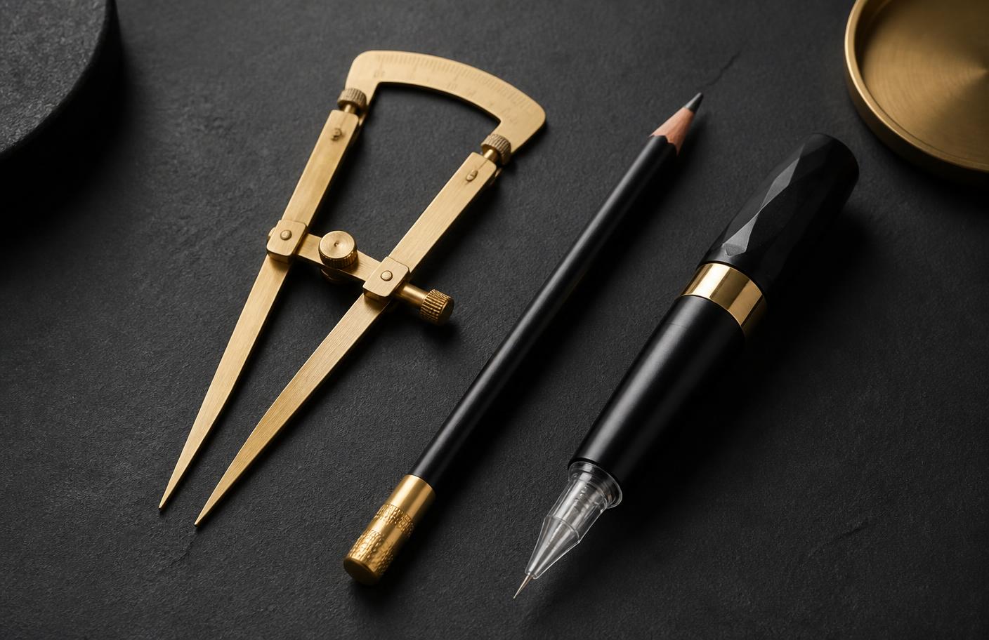 Brow mapping calipers, pencil and rotary PMU pen on a dark surface