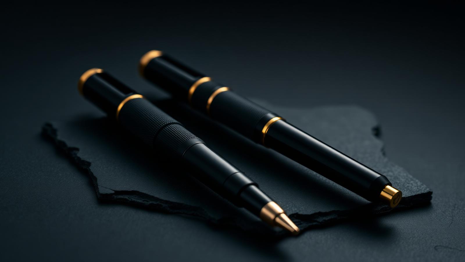Two professional rotary PMU machine pens side by side on dark slate