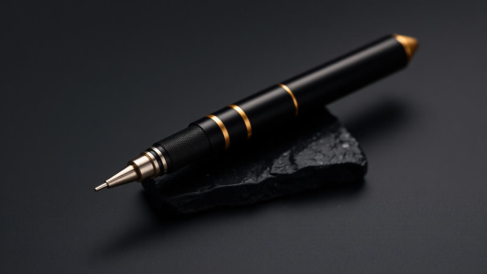 Professional rotary PMU machine pen with cartridge needles on dark stone