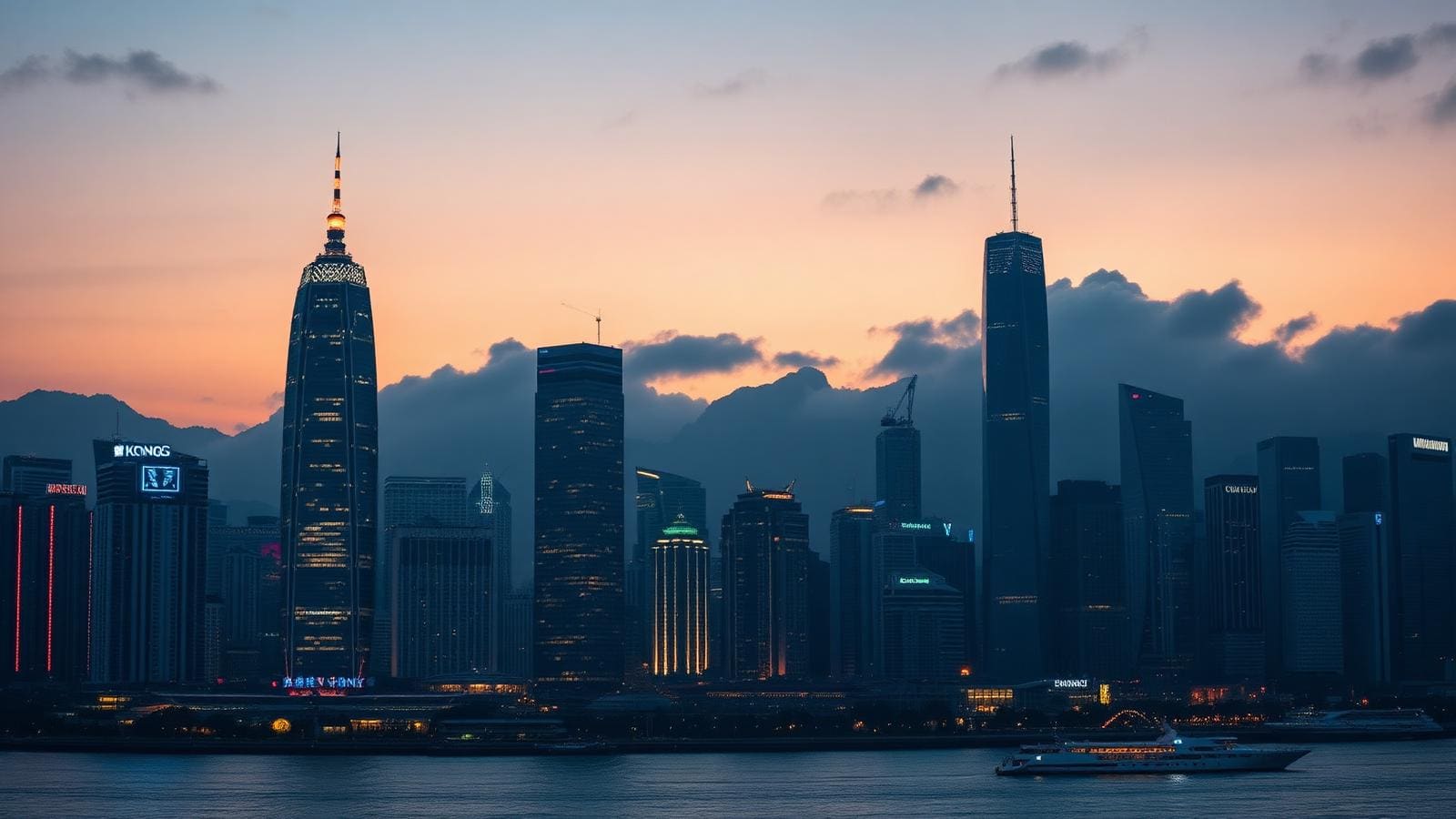 Hong Kong Victoria Harbour skyline at dusk