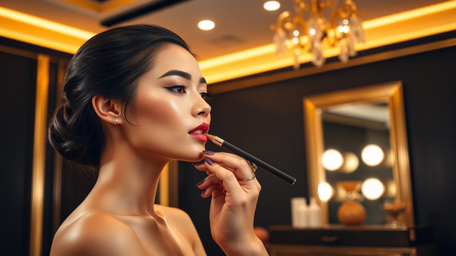 Elegant woman receiving lip blush treatment in a Bangkok luxury studio