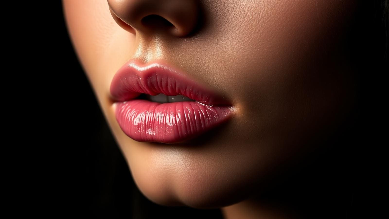 Close-up of soft healed lip blush tattoo in natural berry tone