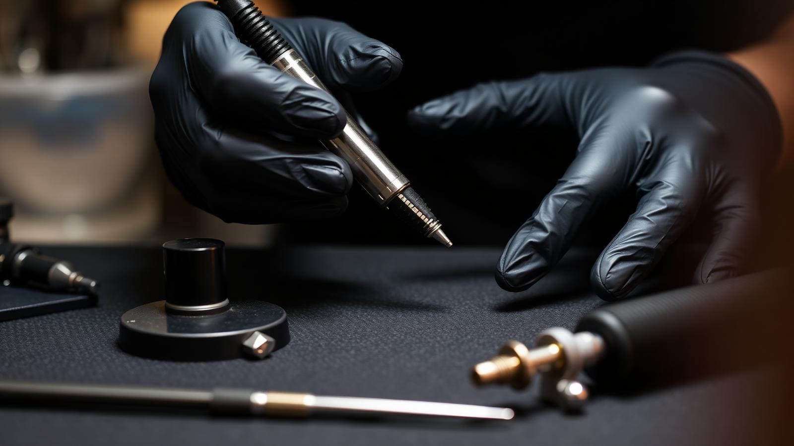 Artist's gloved hands calibrating a micropigmentation machine