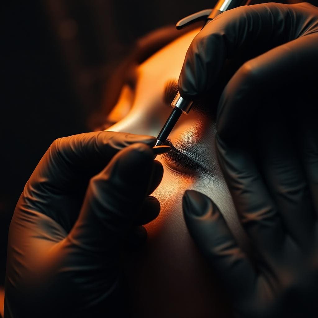 PMU artist using a rotary micropigmentation machine on a client's brow