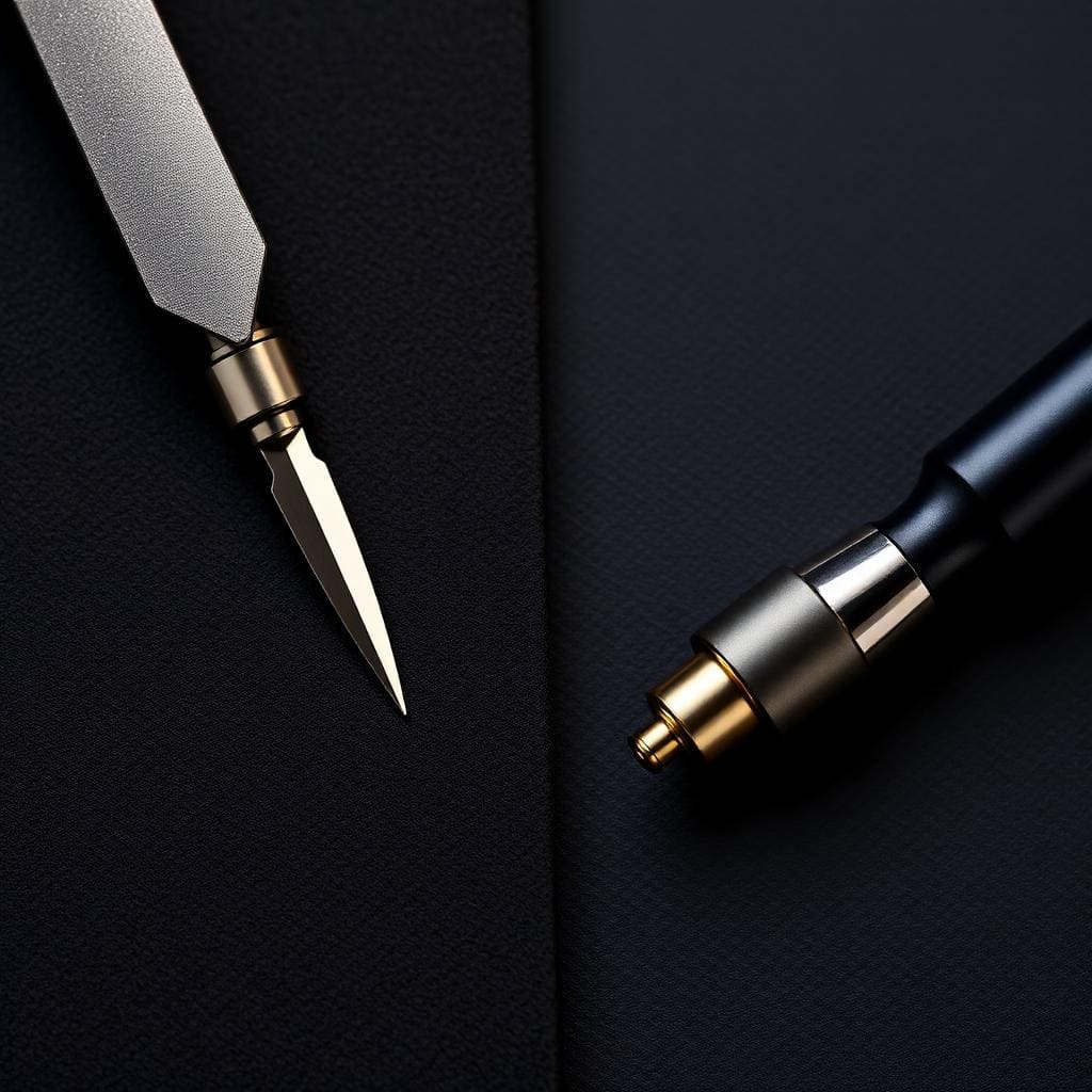 Editorial split composition of a microblading blade and a rotary PMU machine on a dark charcoal surface
