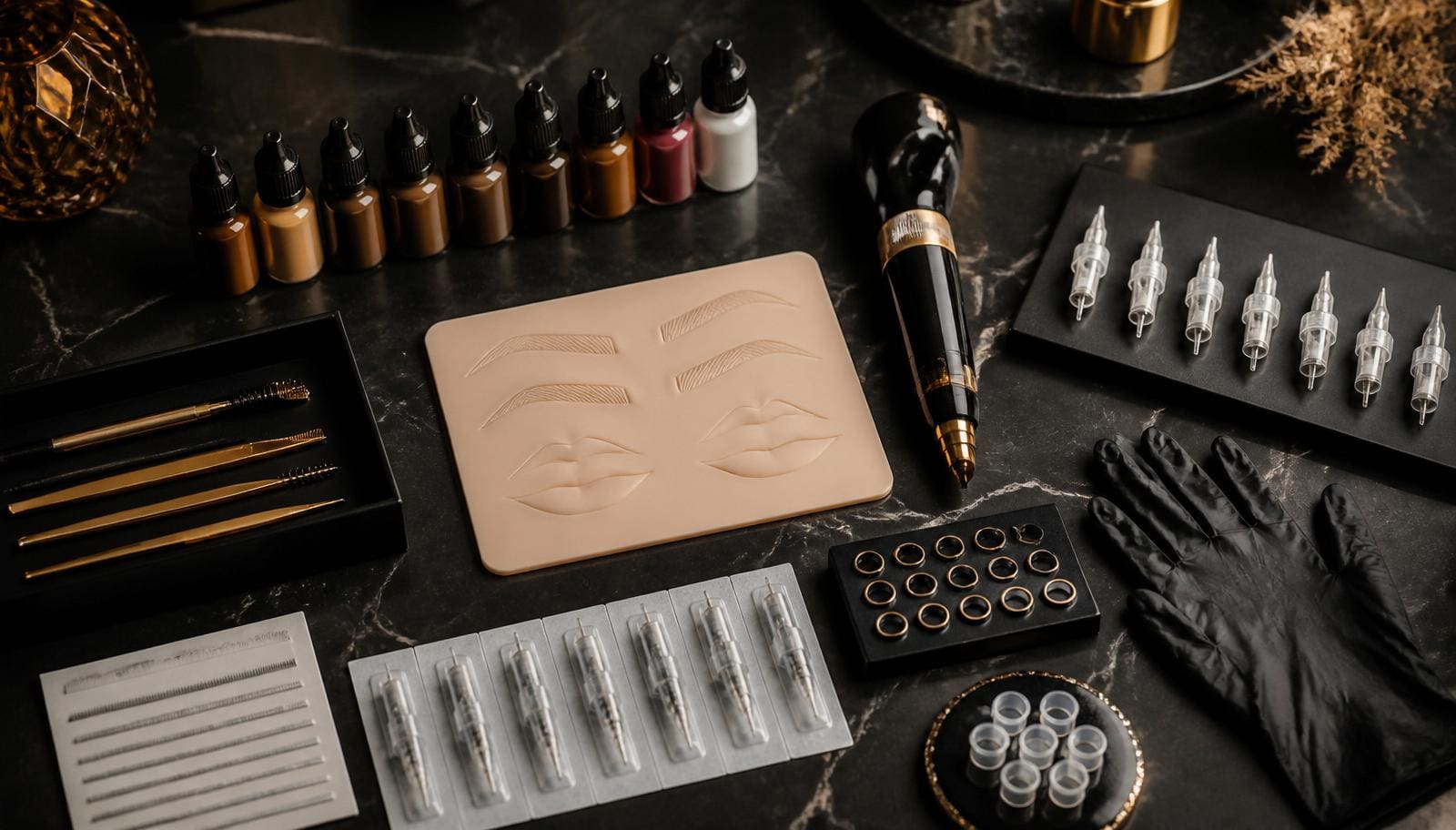 Complete professional microblading and PMU starter kit flat lay