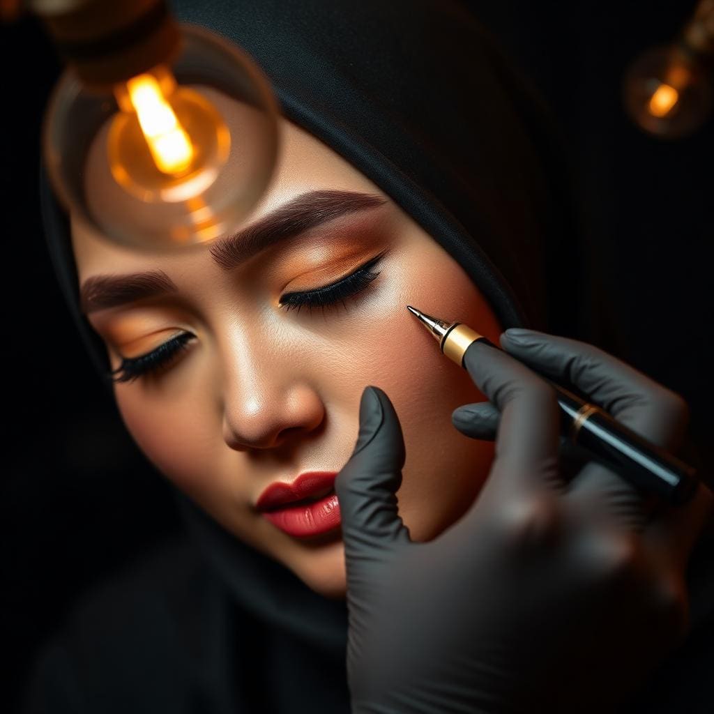 Wanita Malaysia menerima rawatan sulam kening di studio PMU profesional