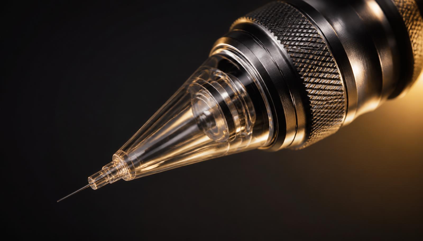 Macro view of an ultra-fine nano needle cartridge on a rotary PMU machine