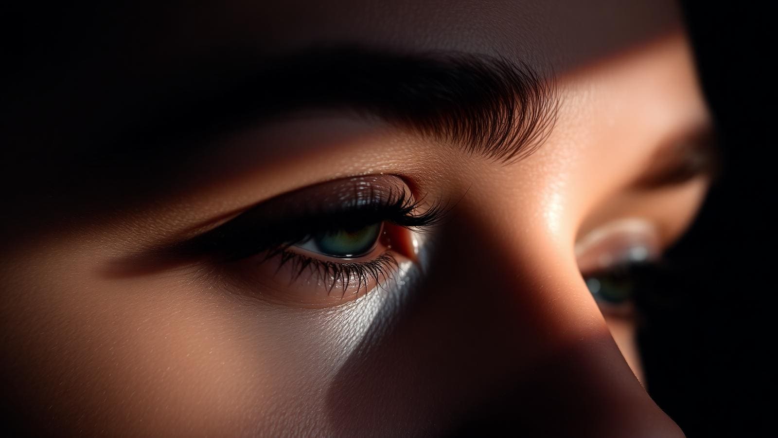 Close-up of soft ombre powder brows in dark brown
