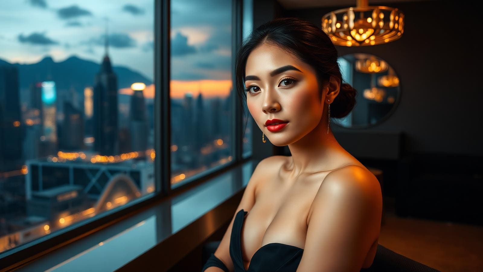 Elegant Hong Kong woman with subtle semi-permanent makeup in a modern city studio