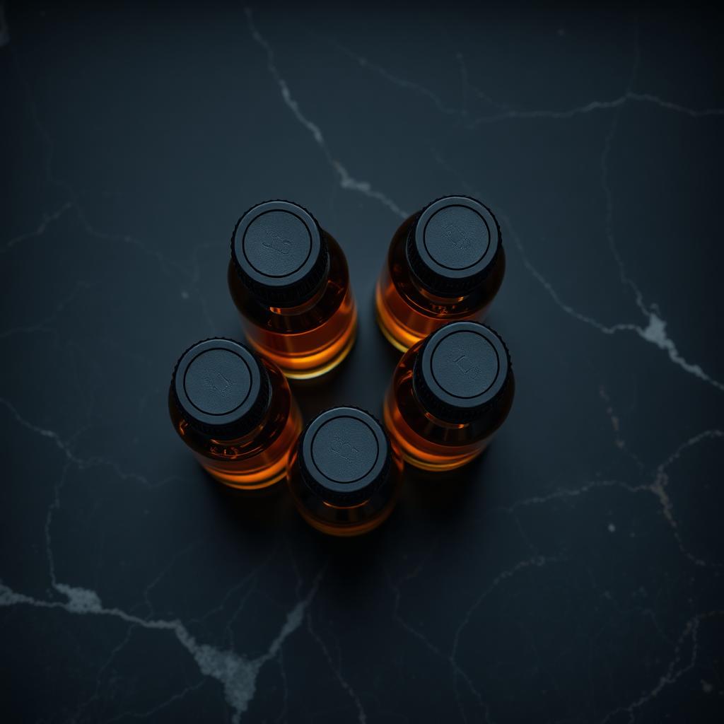 Amber PMU pigment bottles from above on dark marble