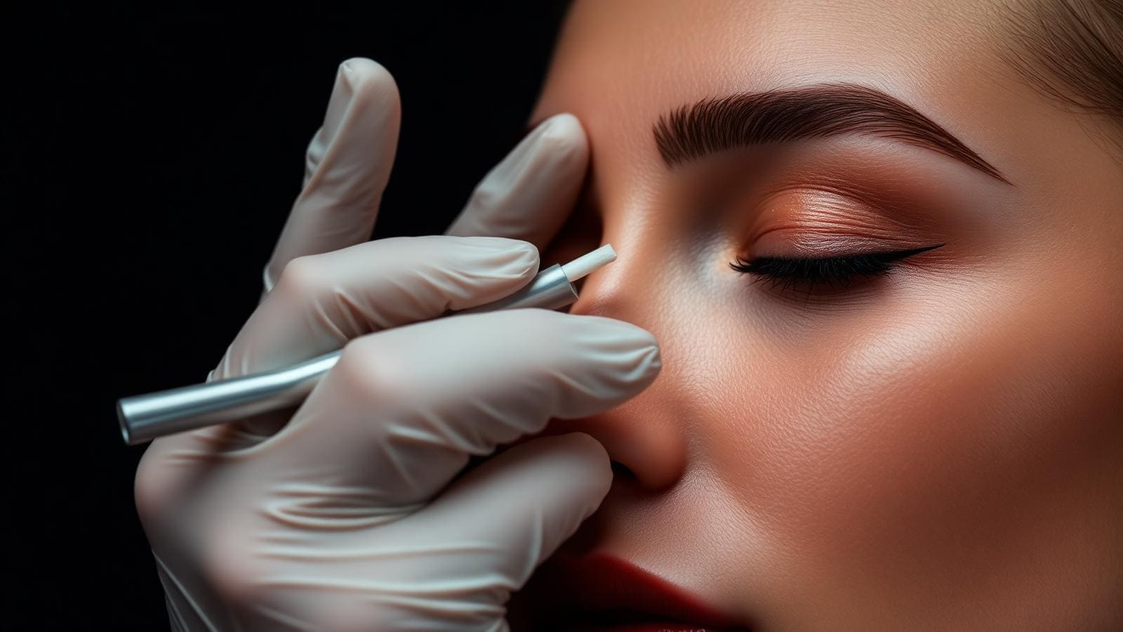 Close-up of gloved hand applying aftercare balm to fresh brow tattoo