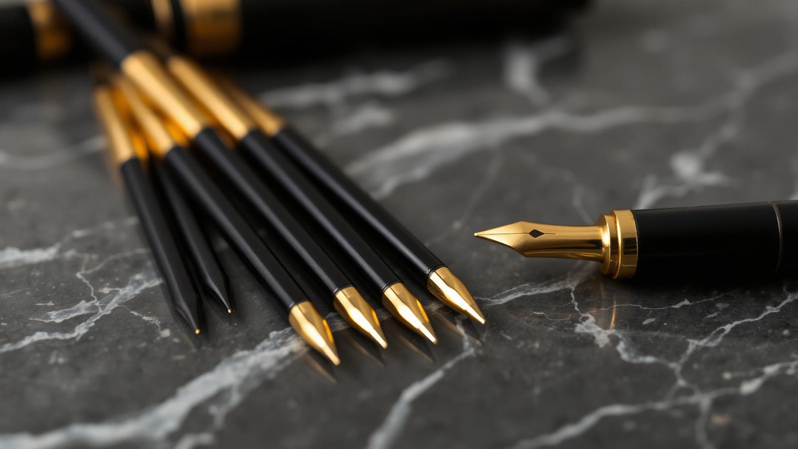 Fanned array of PMU cartridge needles in round liner and magnum shader configurations on charcoal marble