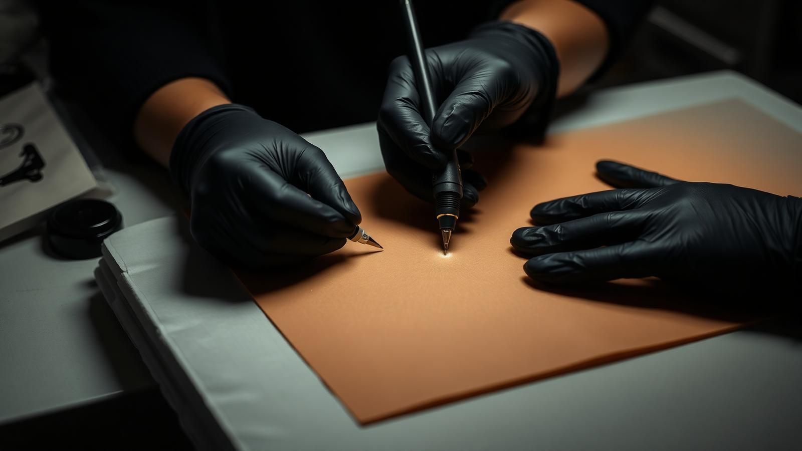 PMU trainee practising hairstrokes with a rotary machine on synthetic practice skin