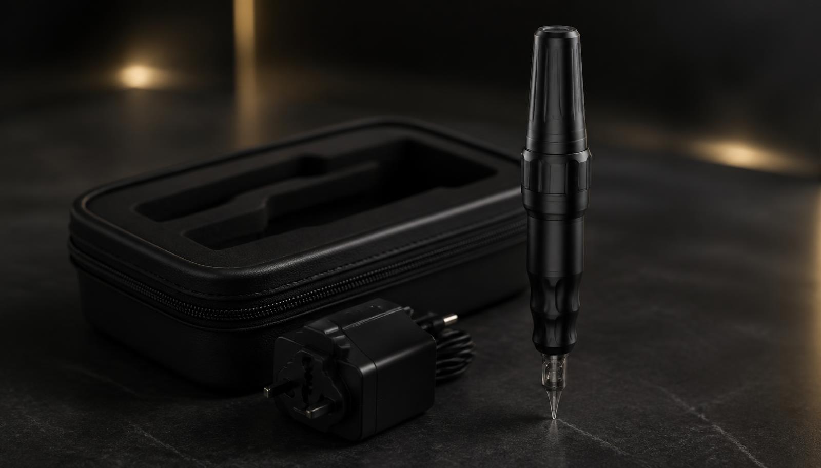 Professional rotary permanent makeup machine with fitted case and universal power adapter on dark stone