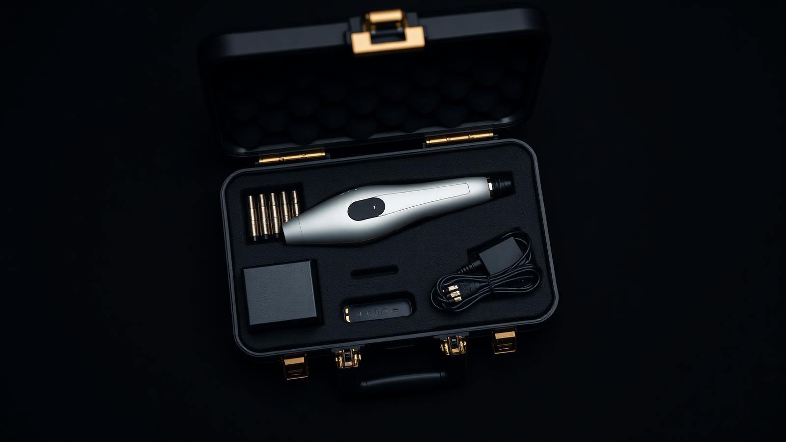 Professional permanent makeup machine in a fitted carrying case with cartridges and adapter