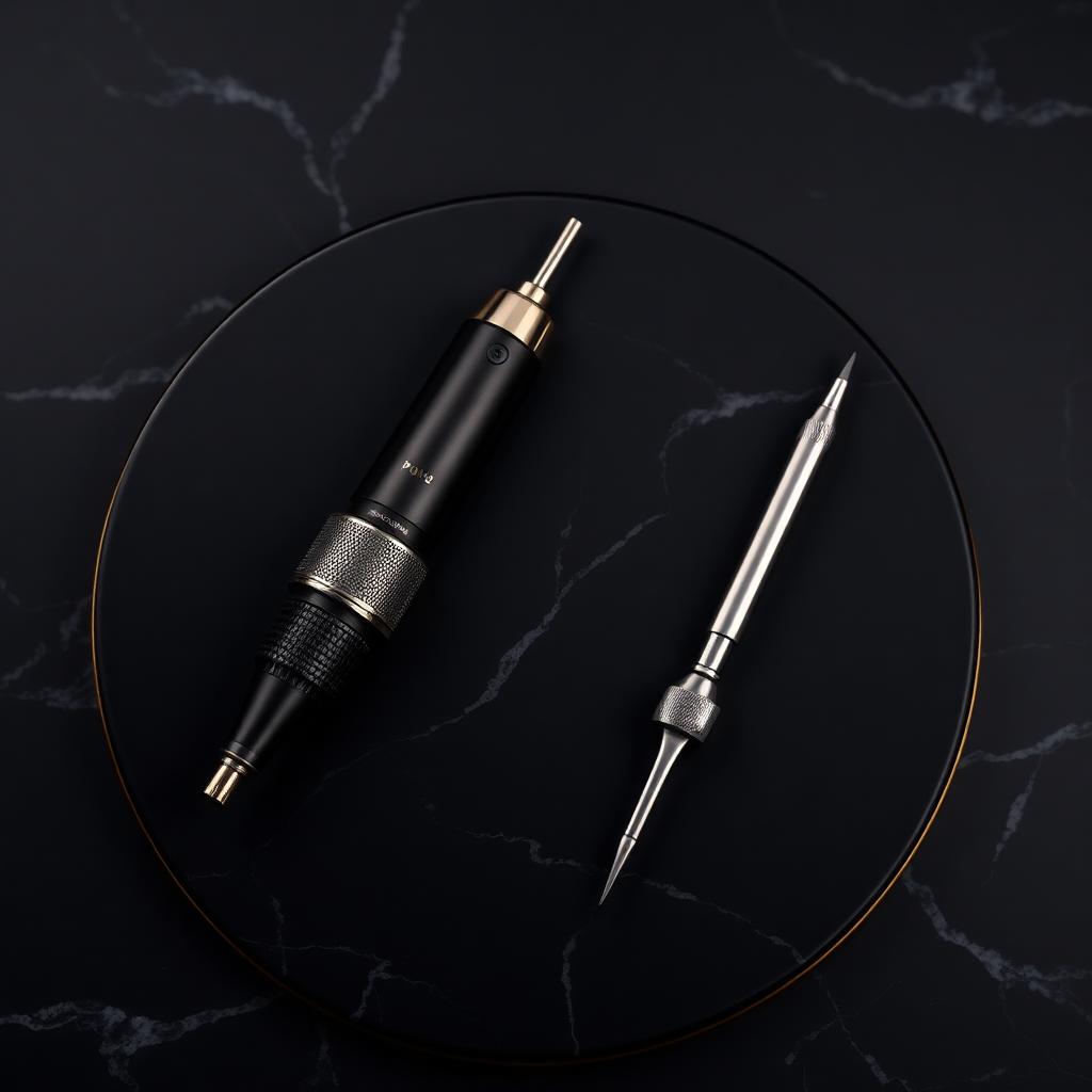 Rotary PMU machine pen next to a microblading hand tool on black marble