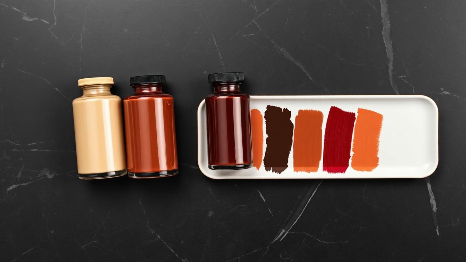PMU pigment color chart — glass bottles and healed swatches on dark marble