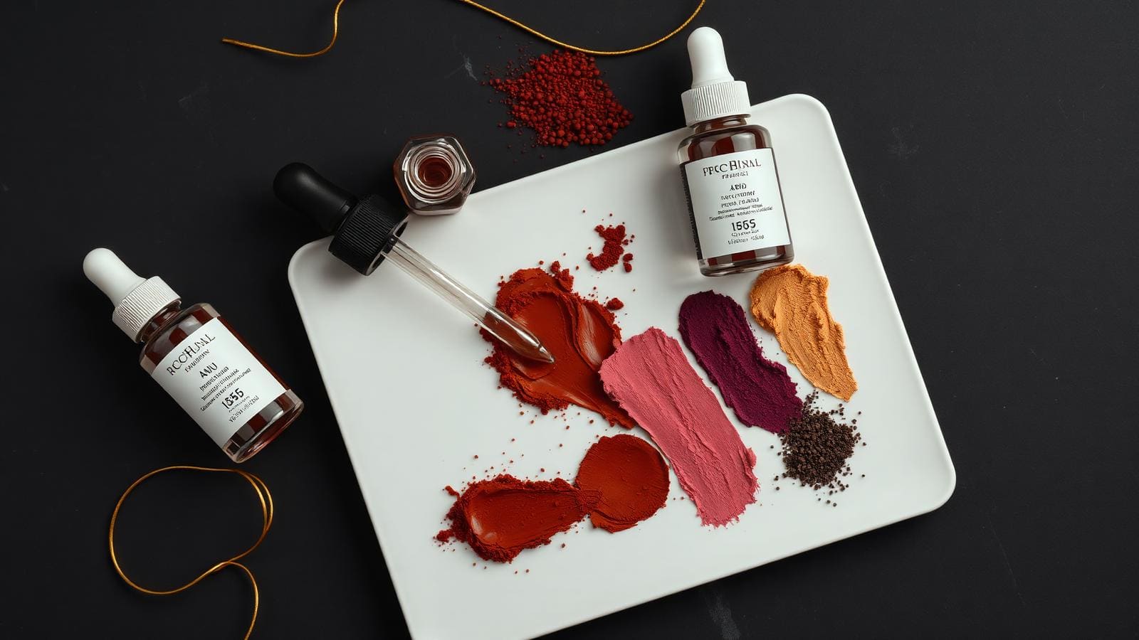 Luxury flat lay of PMU pigment bottles and swatches on porcelain palette