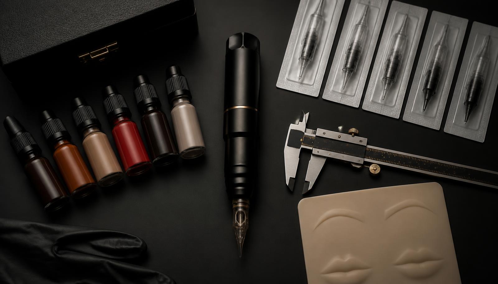 Complete professional PMU starter kit laid flat — rotary machine, pigment bottles, cartridges, practice skin and calipers