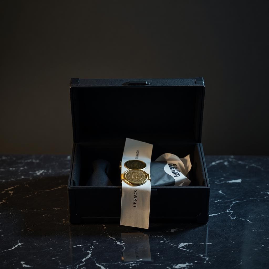 Editorial shipping still life of a premium unboxed PMU machine case on dark marble