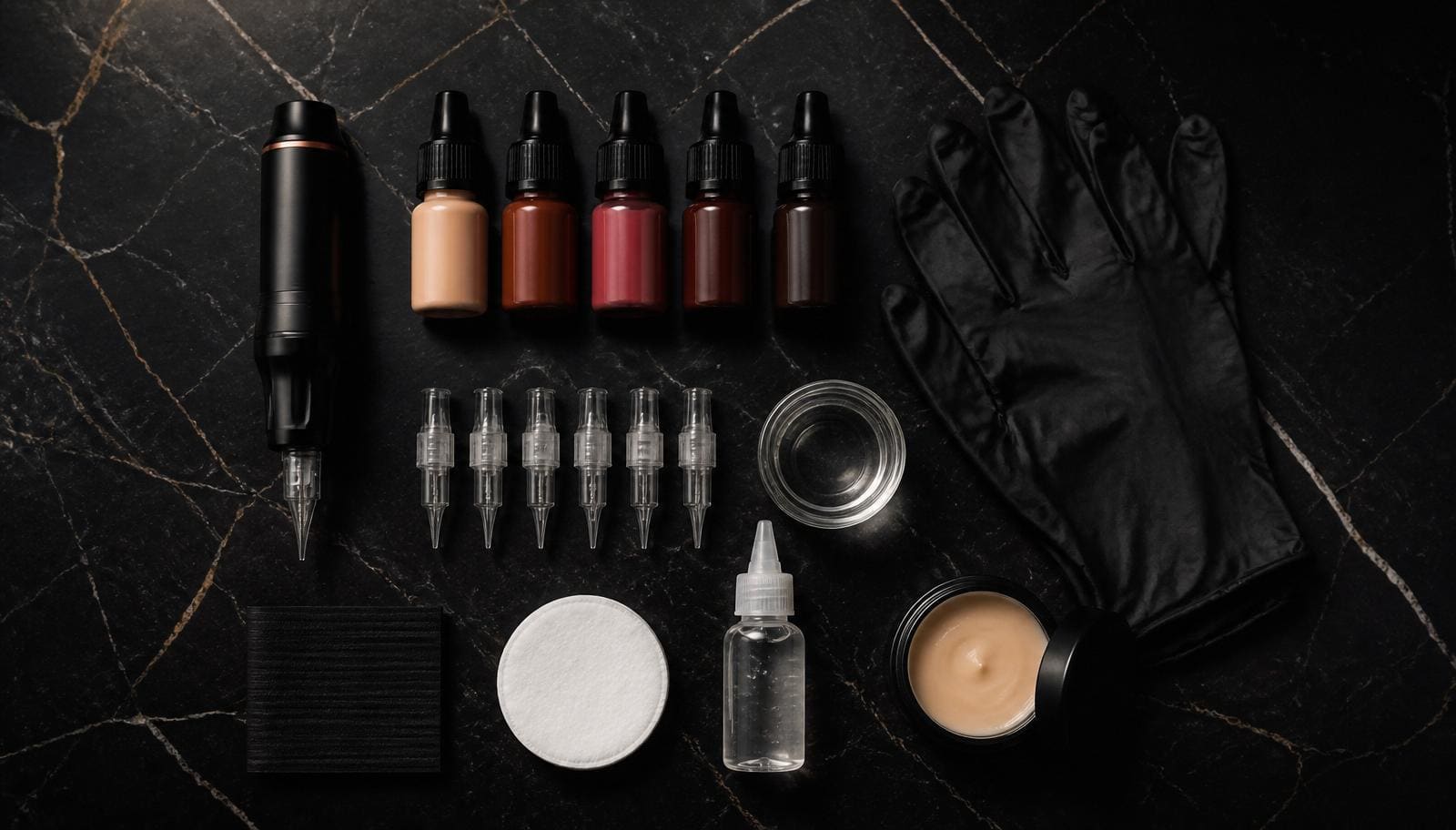 Flat lay of complete PMU studio supplies checklist on black marble