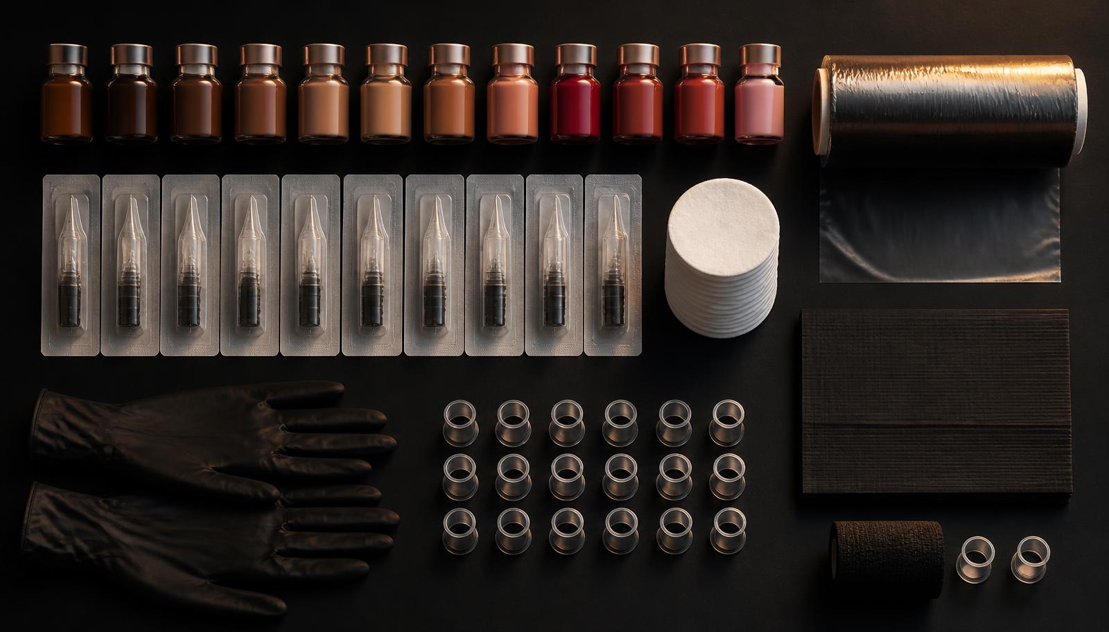 Flat lay of professional PMU supplies — pigment bottles, cartridge needles, gloves, barrier film and pigment rings