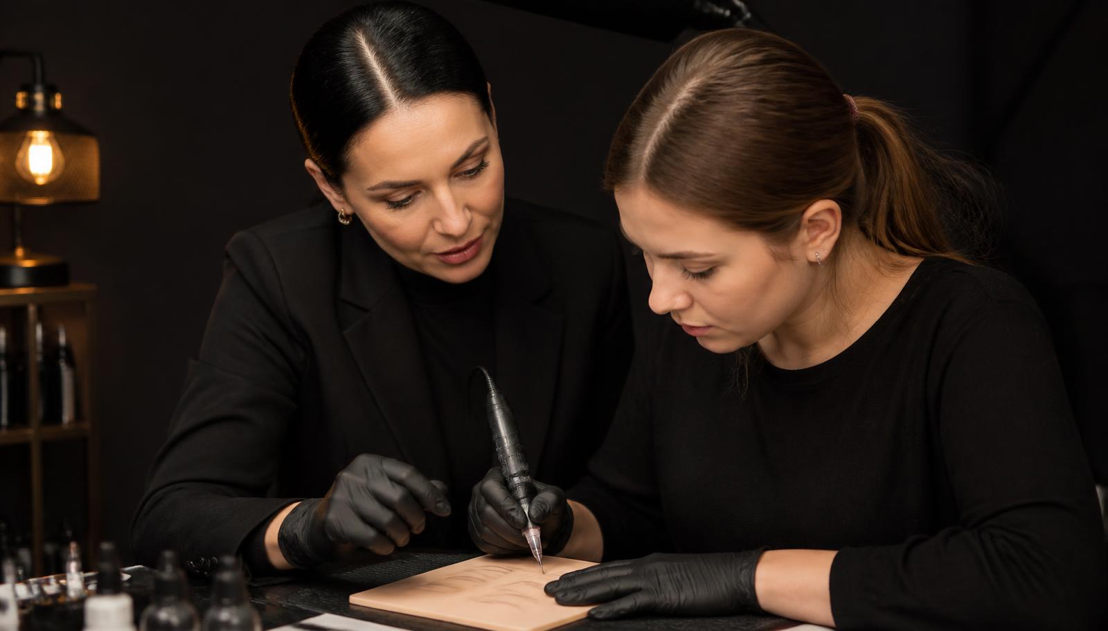 PMU trainer guiding a student's hand with a rotary machine on practice skin
