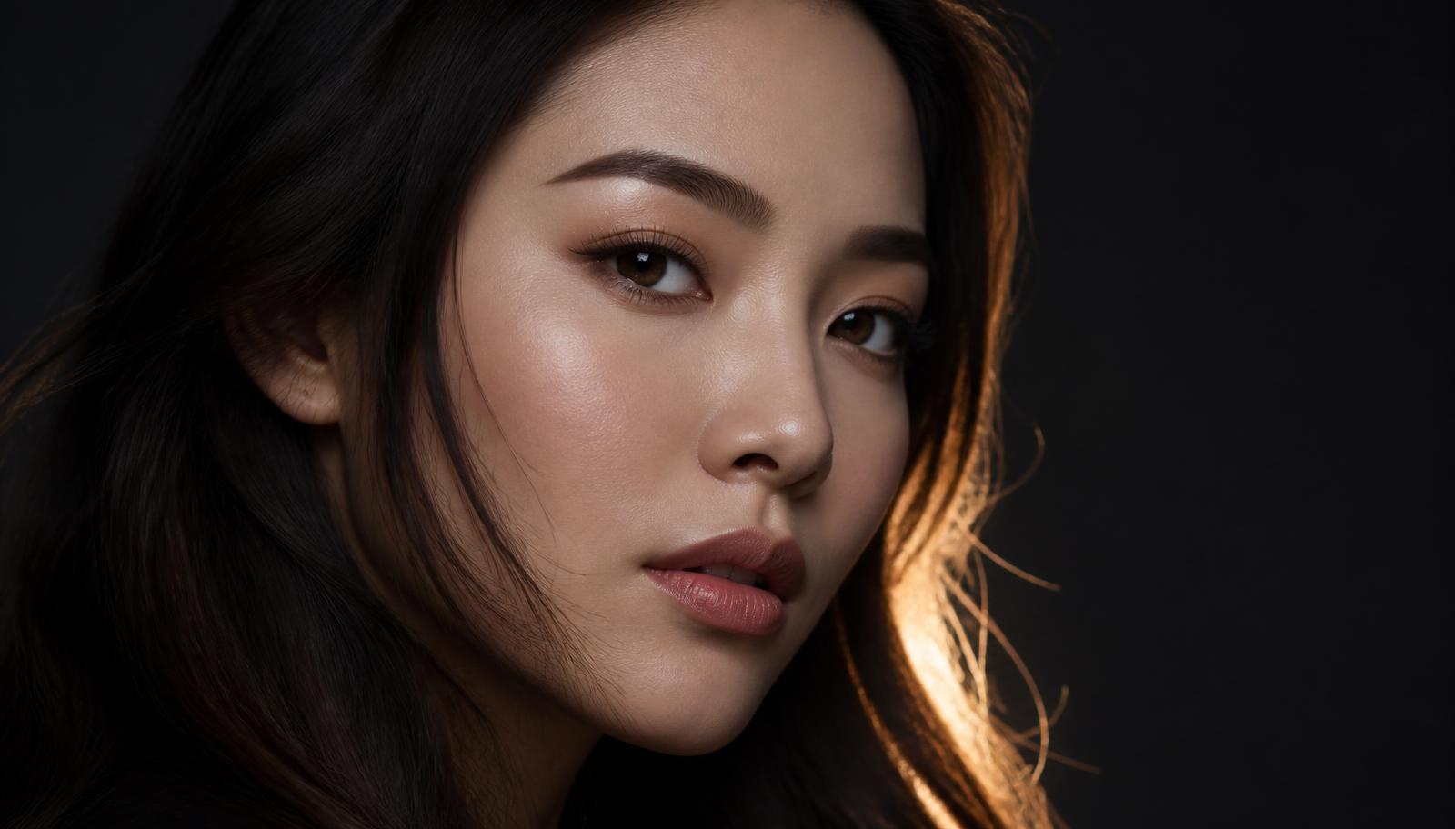 Healed soft ombré powder brows on an East Asian woman in editorial lighting