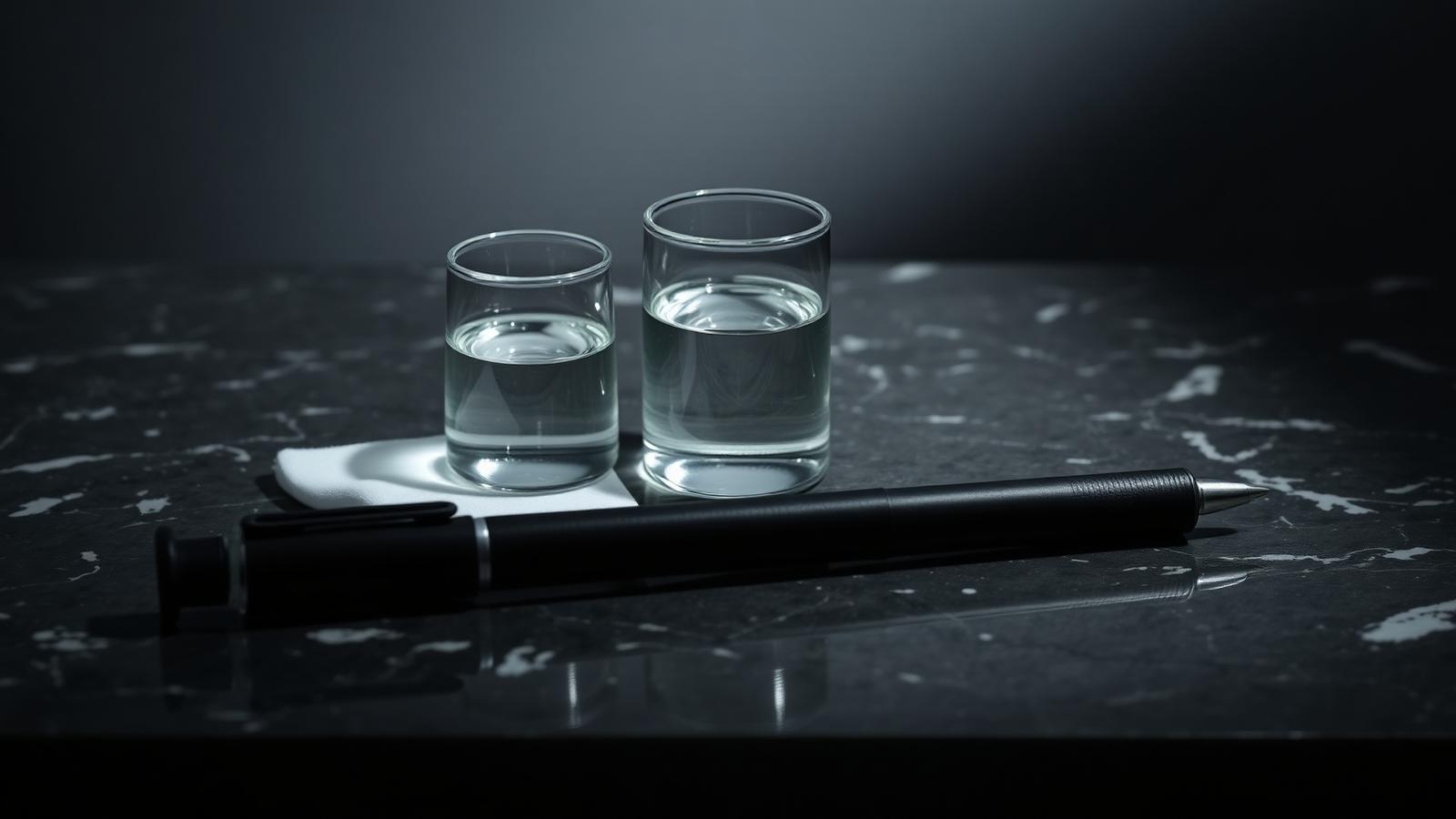 Two glass vials of saline solution and a paused rotary PMU pen on charcoal marble