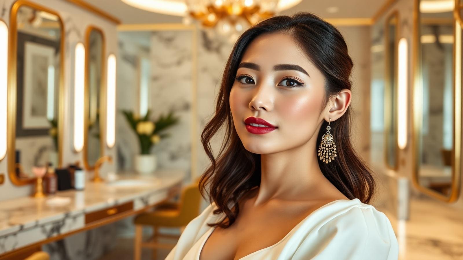 Elegant woman in a luxury Singapore beauty studio with marble interiors