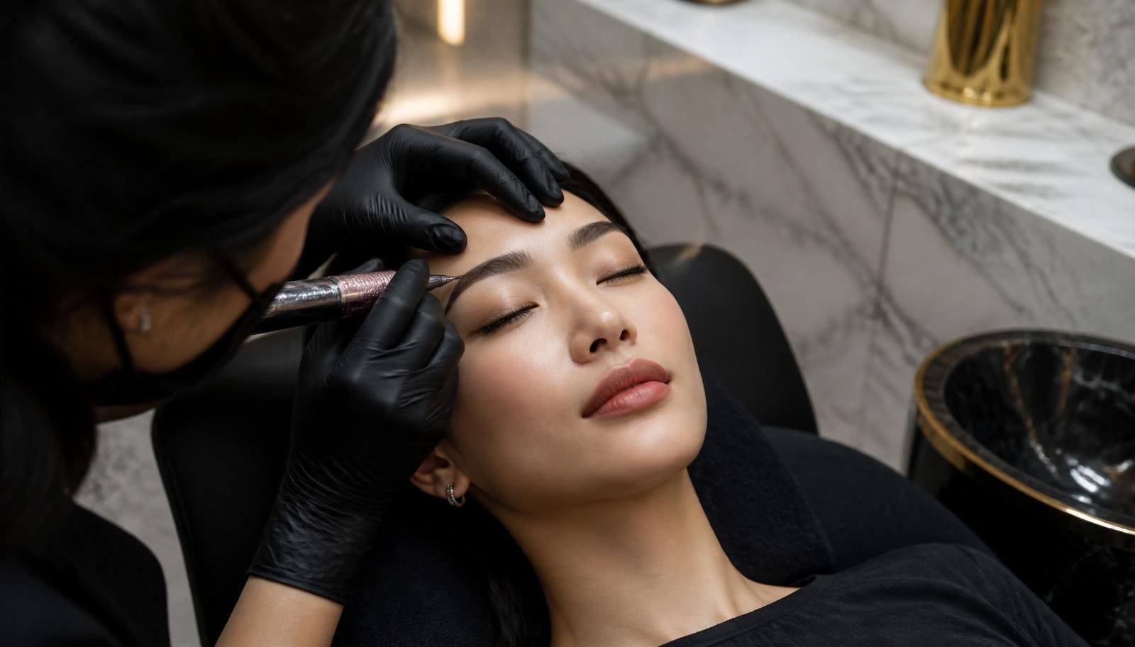 Singapore woman receiving eyebrow embroidery treatment